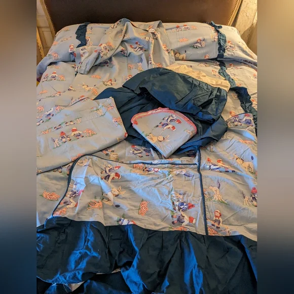 1930s Raggedy Ann and Andy Bedding Set 7pc Bedspread Curtains Chair Cover